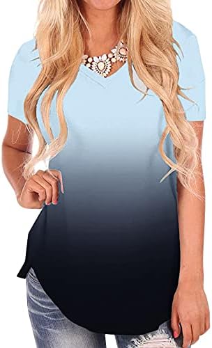 חולצת טריקו של צבע שיפוע אופנה של אילוגו לנשים שרוול קצר חולצות צווארון V רופפות טי-חולצת טוניקה