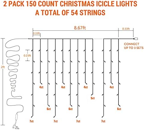אורות קרח כחולים שוללים, 17.34ft 300 ספירה מסורת אורות קרח חג המולד, 120V UL אורות מיתר קרח