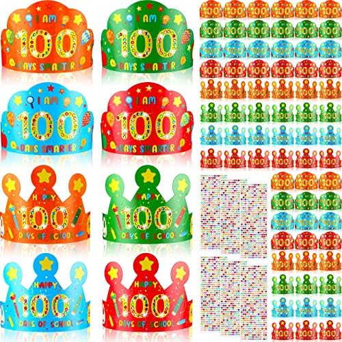 72 מחשבים יום 100 של כתרי לימודים עם 6 גיליונות מדבקות ריינסטון אקריליות DIY 100 יום מסיבת נייר כובע דבק מאושר