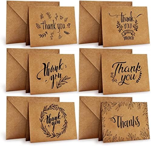 כרטיסי תודה של אוהו, 36 מארז נייר קראפט חום 6 עיצוב של מגוון כרטיס ברכה תודה עם מעטפות ומדבקות