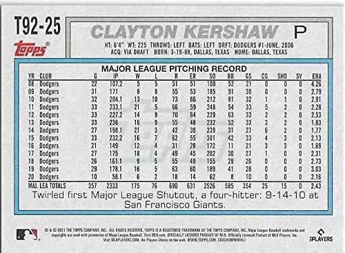 2021 עדכון Topps 1992 Topps Redux T92-25 Clayton Kershaw NM-MT Dodgers