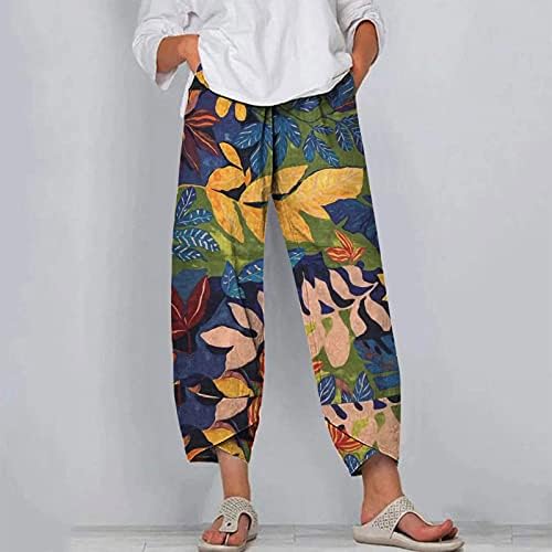 מכנסי קפרי קסילוצר לנשים מדפיסים פשתן כותנה מכנסיים מכנסיים מזדמנים מכנסיים רחבים רגל רחבה קפריס חצוף מכנסי