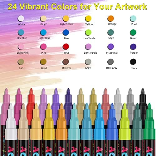 IVSUN 24 צבעים עטים של סמן צבע אקרילי, פרימיום נוסף נקודה עדינה עטים אקריליים עטים לעץ, בד, אבן,