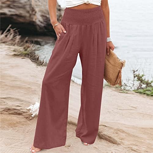 מכנסיים קפלים עם מותניים גבוהים של נשים זורמות מכנסי רגל רחבים מזדמנים מכנסיים נוחים בצבע אחיד מכנסיים