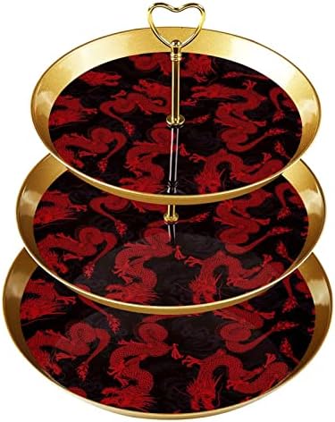 3 דוכן קאפקייקס שכבה עם מוט זהב מוט פלסטיק מגד קינוח מגדל דרקון תצוגת סוכריות פרי אדום סיני לחתונה