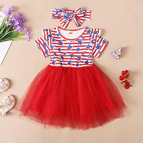 פעוטות בנות שרוול קצר שמלת יום עצמאות 4 של שמלת יולי כוכב הדפסים מפוספסים ילדים טול בגדי תינוקות