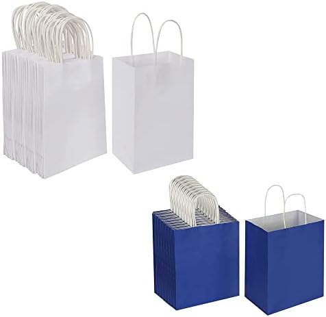 כל 100 חבילה קטנה לבן & בינוני כחול קראפט נייר שקיות מתנה עם ידיות בתפזורת