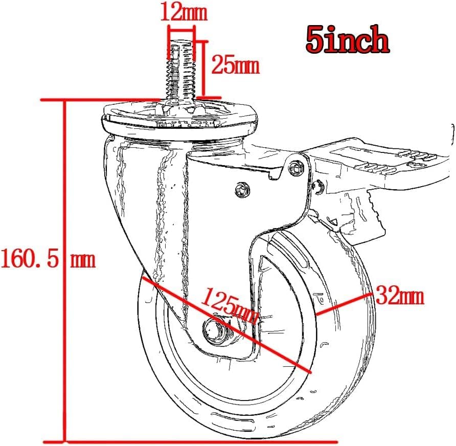גלגלים מסתובבים צלחת גלגלים כבד גלגלים קיקים M12 חוט 125 ממ 5 '' גלגלים מסתובבים עם בלם לרהיטים פו שקט 540 קג