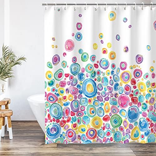 וילון מקלחת של רוזאליות פולקה נקודה, לילדים בצבעי מים מעגלי קשת מעגלי קשת וילונות מקלחת עם 12 ווים, עיצוב