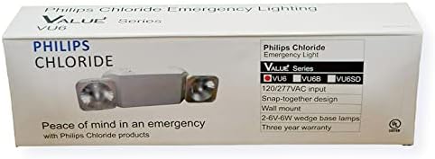 Philips VU6 ראשים כפולים אור חירום; מנורות בסיס טריז 6V/6W; קלט 120/277V; ניתוק מתח נמוך, נעילת AC והגנה על מתח;