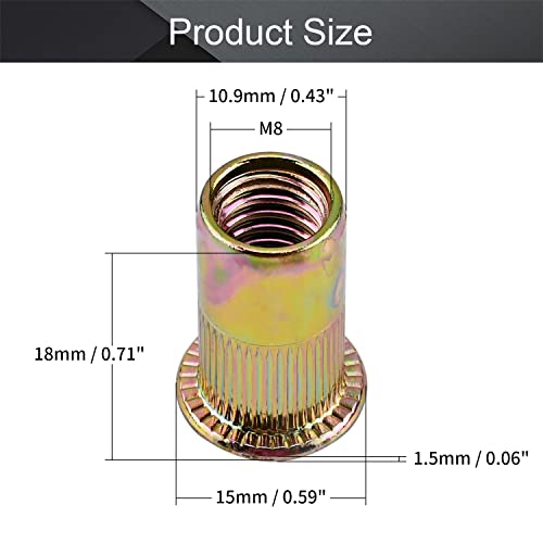 MROMAX M8 גובה כללי 18 ממ/0.71 אגוזי מסמרת פלדת פחמן, הכנסת ראש שטוח הכנס אגוזי צבע אבץ מצופה 50 יחידות