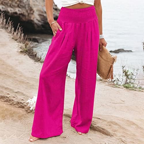 מכנסי רגל רחבים כותנה לנשים קיץ מזדמן מכנסי רגל רחבים בצבע טהור עם כיסים מכנסיים פלאצו מותניים גבוהים מכנסיים
