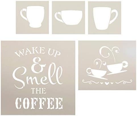 להתעורר ולהריח את קפה עם כוסות סטנסיל סט - 5 חתיכה על ידי סטודיו12 / לשימוש חוזר מיילר תבנית / להשתמש כדי צבע