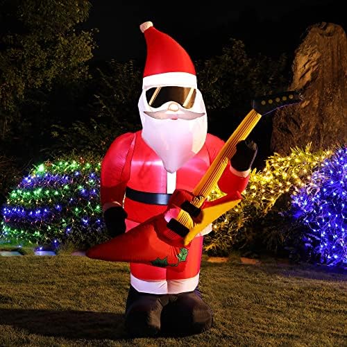 Prsildan 7 ft חג המולד מתנפח סנטה קלאוס עם גיטרה בס, מפוצץ סנטה לובש משקפי שמש, קישוטים ייחודיים מוארים