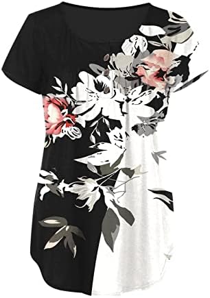 Jielayou Womens Top Floral Printed כפתור למעלה חולצות T שרוולים קצרים Henley V-Neck חולצות רופפות