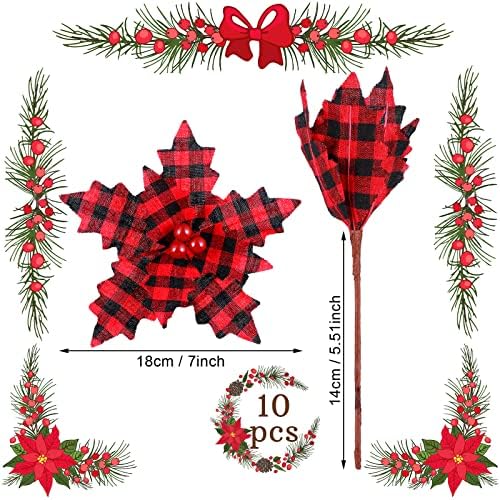 10 חג המולד Poinsettia פרח בוחרים שחור אדום באפלו משובץ משובץ קישוטי עץ חג המולד סריג מעודן, גרלנד חג המולד קלאסי