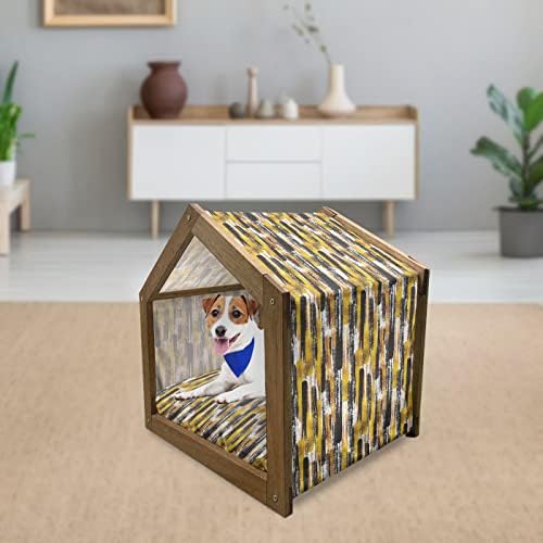 בית כלבים מעץ אפור אמבסון, קערות מגרש פנימיות בצורת דיסק כדורי חישוק רשת ספירלית הדפס עיצוב קונספט, כלביית כלבים