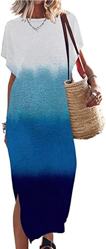 נשים מקרית רופף קצר שרוול ארוך שמלת פיצול מקסי קיץ חוף שמלת שיפוע מודפס או צוואר חוף זורם שמלה קיצית