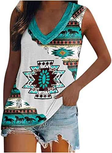 נארברג נשים של שרוולים גופיות מערבי אתני סגנון הדפסת חולצות בציר האצטקים אתני חולצה במצוקה רופף בכושר טי