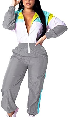 Voikerdrds Colorblock תלבושות חתיכה אחת הגדר מכנסי מותניים גבוהים שרוול ארוך רוכסן רוכסן קדמי.