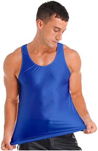 גברים של מבריק ניילון גופייה כושר ביצועים שרירים שרוולים חולצות כושר אימון פיתוח גוף אפוד מלכותי_כחול