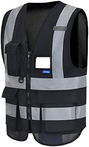 A-safety 7 כיסים היי רוכסן קדמי אפוד בטיחות עובד עם רצועות רפלקטיביות, מספר צבעים זמינים, שחור S