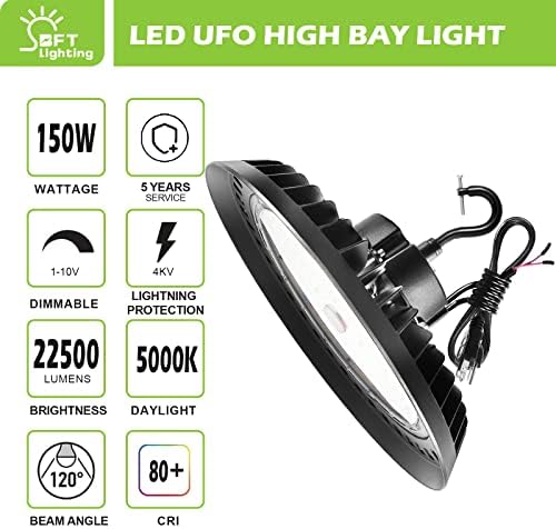 Bft Led Light Bay Light 150W 1-10V לעומק 22,500LM 5000K UFO HIHG BAY LED LED מתקן תאורה 5 'כבל עם תקע אמריקאי,