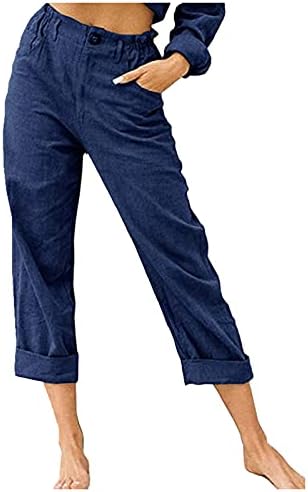 Wybaxz 2023 מכנסי קפרי רגילים לנשים לנשים כפתור פטיט מכנסי פשתן כותנה מותניים גבוהים לנשים דקיקות מכנסיים