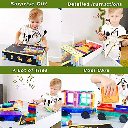 אריחים מגנטיים עם מכוניות, מתנות וצעצועים לילדים לבנים בני 3, צעצועים חינוכיים לפעוטות ילדים בגילאי 3-5