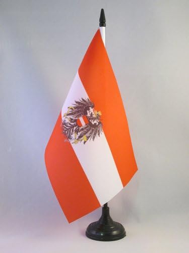 דגל AZ אוסטריה עם דגל שולחן הנשרים 5 '' x 8 '' - דגל שולחן הנשק של מעיל נשק אוסטרי 21 x 14 סמ - מקל פלסטיק שחור
