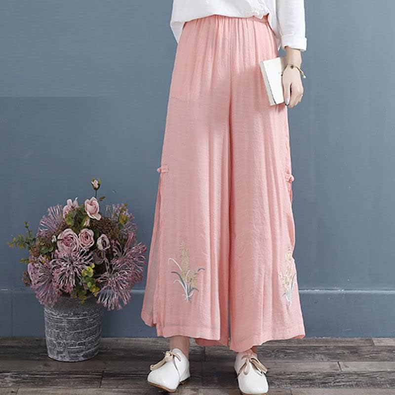סגנון לאומי סיני רטרו רטרו אלגנטי מכנסי רגל רחבים פרחים רקומים מכנסי מותניים אלסטיים מזדמנים לנשים צבע