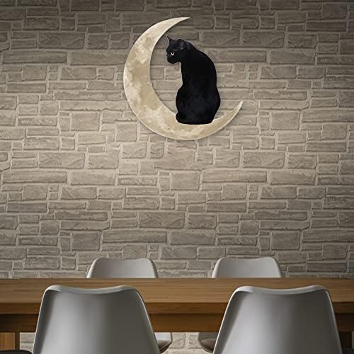 עיצוב קיר מתכתית חתול שחור וירח עיצוב אמנות, שלט מתכת חתול שחור קיר ירח קיר תלוי חתול שחור על קישוט
