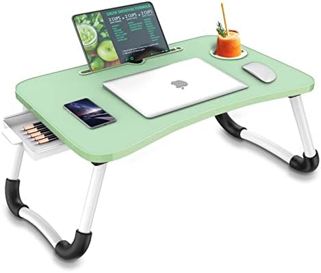 שולחן מחשב נייד למיטה, רב-פונקציה מיטת מחשב נייד שולחן עם אחסון מגירה מחזיק כוס, מחשב נייד שולחן חיק מעמד מחשב
