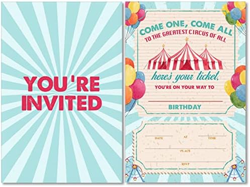 Soiceu Colorpul Carnival Handyday Ampritations עם מעטפות סט של 20 מסיבת יום הולדת קרקס מזמין לילדה ילד