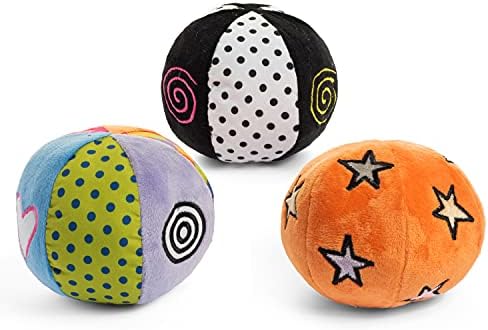 גאון צעצועי תינוקות פעמון, רעשן, קמטים וגליל כדורים - סט של 3 - ניגודיות גבוהה בשחור לבן ורב -צבעים