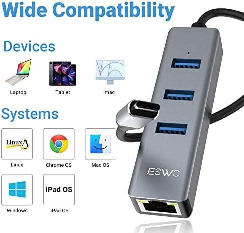 מתאם USB C ל- Ethernet, רכזת USB-C של JESWO עם מתאם Ethernet, Thunderbolt 3/Type-C Gigabit Ethernet