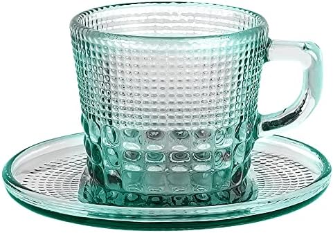 כוס קפה מזכוכית וינטג ' עם צלחות, סט כלי זכוכית מובלט ספל תה קפה 6 עוז, צלחת קינוח ספל ארוחת בוקר לבית קפה במשרד
