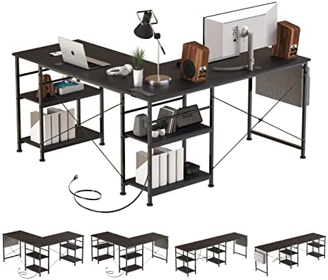 שולחן פינתי בצורת שולחן, שולחן משרדי ביתי הפיך בגודל 95 אינץ ' עם מדפי אחסון, שולחן משחקי מחשב גדול עם שקע חשמל,
