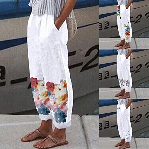 נשים של נמתח רחב רגל פאלאצו מכנסיים פרחוני הדפסת כותנה פשתן מזדמן רופף קיץ חוף מכנסיים עם כיסים
