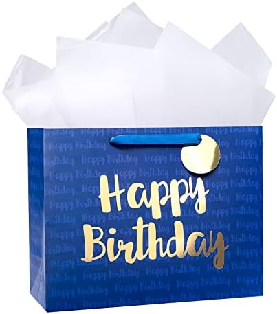 שקית מתנת יום הולדת כחולה עם נייר טישו ליום הולדת, מקלחת לתינוק, מסיבה ועוד - 13 איקס 10 איקס 5, 1 יח