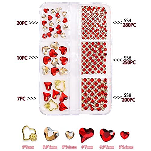 2 קופסא 1534 יחידות,מיקס גדלים אבני חן ציפורניים אדומות לבבות אוהבים אמנות ציפורניים בצורת עגול,