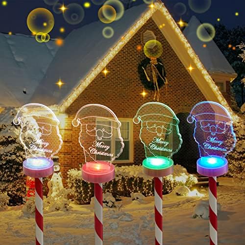 4 חבילות אורות חג מולד סולאריים חיצוניים מסלול אטום למים, סנטה עם צבע RGB מחליף אורות סולאריים LED