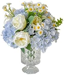 פרח מלאכותי של נוויידה באגרטל משי משי הידראנגאה כחול עם אגרטל, סידור פרחים פו עם אגרטל המתאים לקישוט