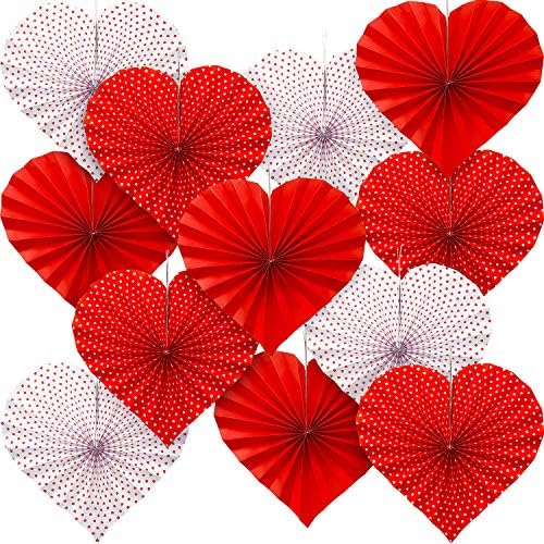 Willbond 12 חלקים מאווררי נייר לב אדום מאווררי לב בצורת ליום ליום ולנטיין קישוטי תלייה לתפאורה של Valentines Decordary