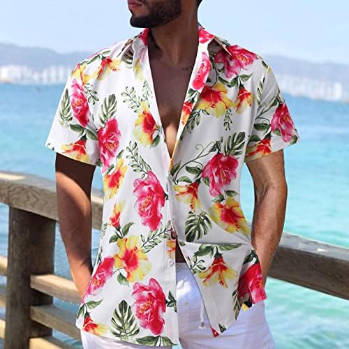 חולצות הוואי של Ubst Mens, שרוול קצר בקיץ כפתור הדפס פרחוני טרופי למטה כושר רגוע בכושר חוף חוף אלוהה