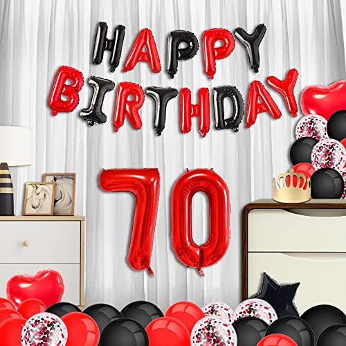 קישוטי יום הולדת 70 מינרו אדום שחור שחור יום הולדת שמח באנר אדום מספר 70 בלונים יום הולדת שמח אבנט עם