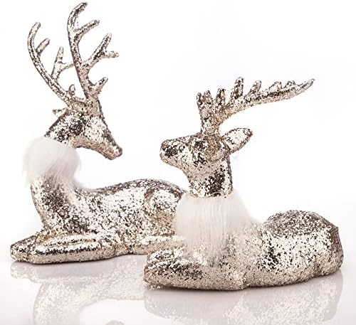 פסלוני איילים של חג חג המולד שוכבים ישיבה זהב נצנצים מקורה קישוטי חג המולד דקורטיביים לשולחן שולחן מדף