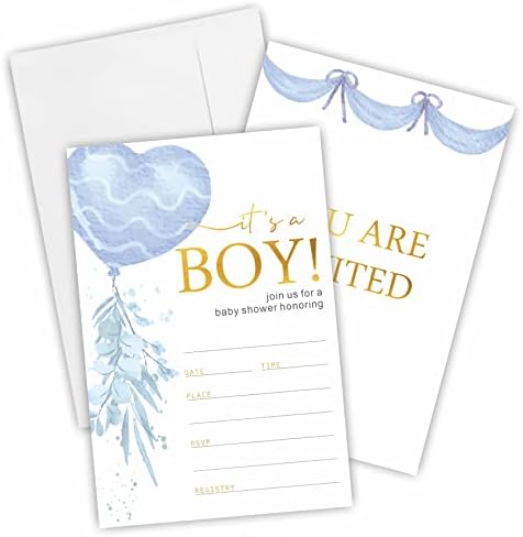 הזמנה למקלחת לתינוקות של דיירביי, מקלחת תינוק בצורת לב כחול מזמינה, 25 מילוי מזמין כרטיסים עם מעטפות תואמות