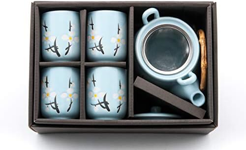 פוג'י סחורה יפנית שמיים כחולים סוסון סאקורה פריחת דובדבן קרמיקה סיר תה ו -4 כוסות סט תה אסייתי תפאורה ביתית