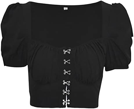 צוואר צוואר מדומה נשים צוואר נשים עיצוב כפתור צוואר מרובע שרוול בועה שרוול פשוט חולצה לנשים קיץ מזדמן